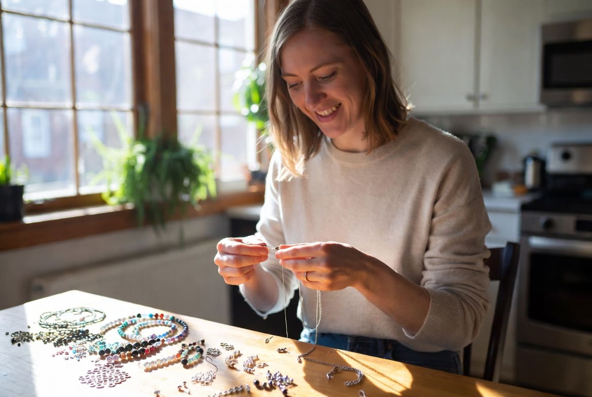 Canadian woman focused on assembling elegant handmade jewelry at home